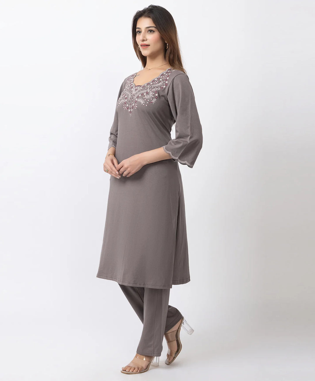 Graceful Long Kurta Set with Embroidered Neckline