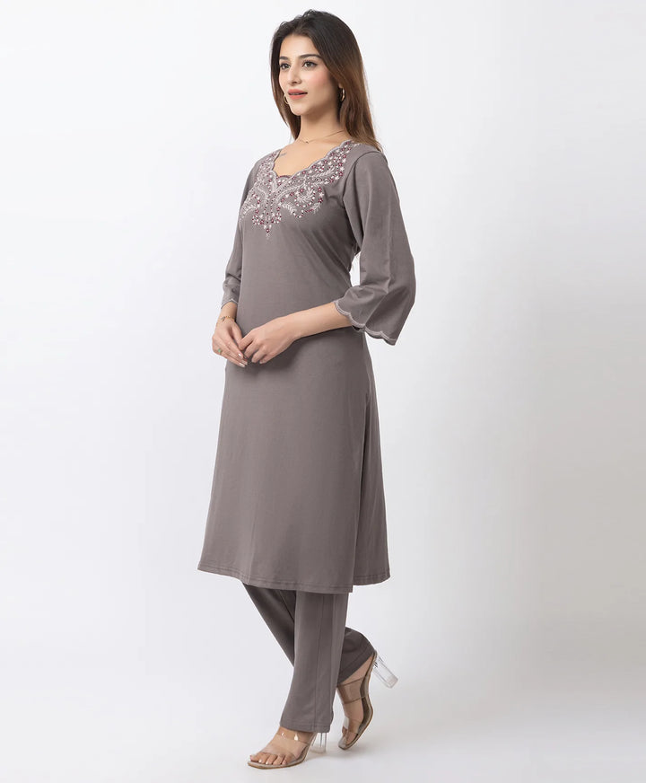 Graceful Long Kurta Set with Embroidered Neckline