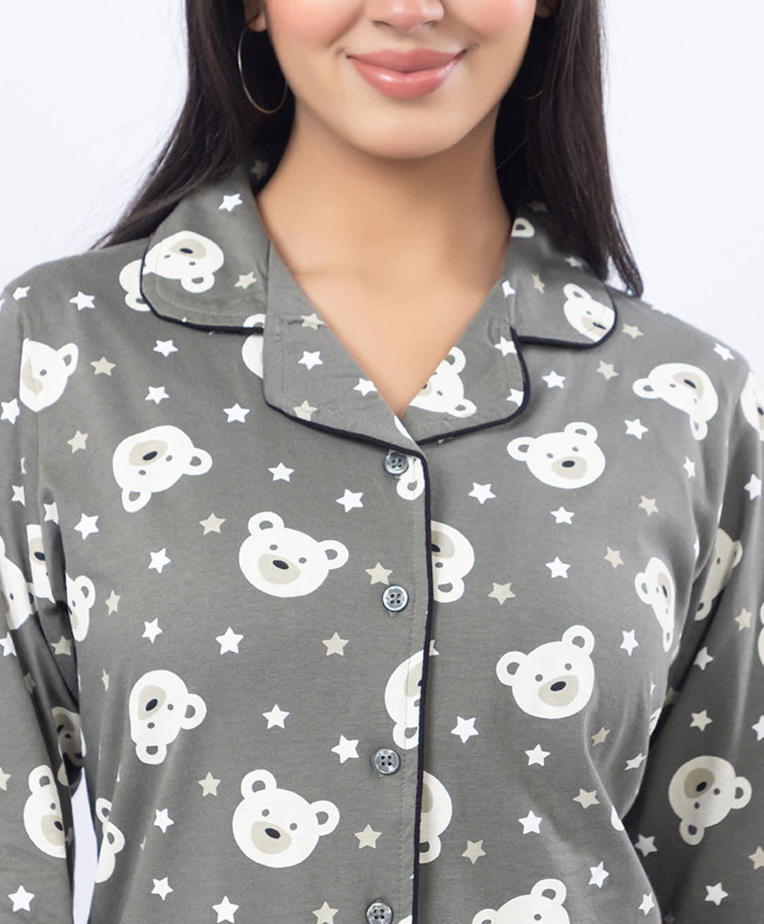 Printed Shirt Collar Front Open Night Suit Set