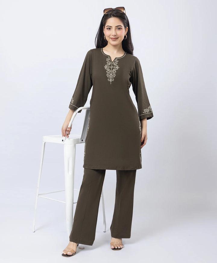 Embroidered V-Slit Straight Kurta Set