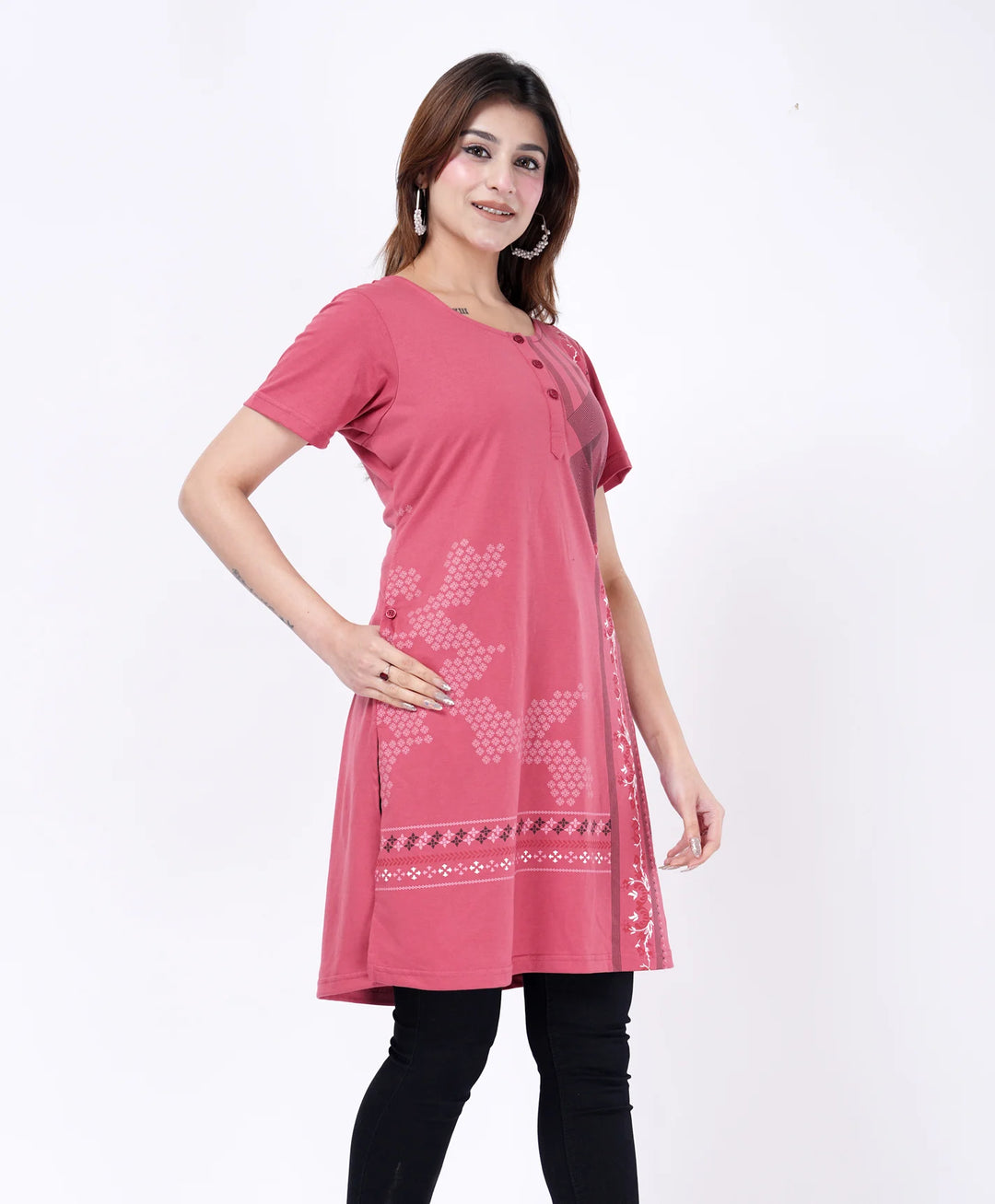Elegant Printed Button-Neck Straight Long Top