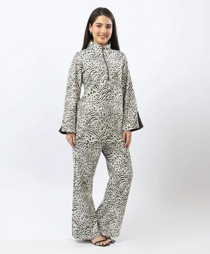 Fashion-Forward Printed Kurta with Stand Collar & Matching Straight Lower.