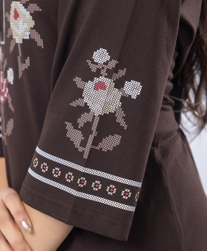 Floral Cross-Stitch Effect Pattern Printed Kurta Set