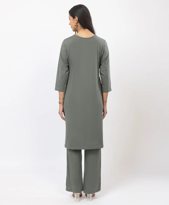 Stylish Neckline Embroidery Straight Kurta Pant Set