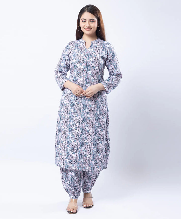 Mandarin Collar Quarter Sleeve Floral Kurti & Narrow Ankle Hem Afghani Suit