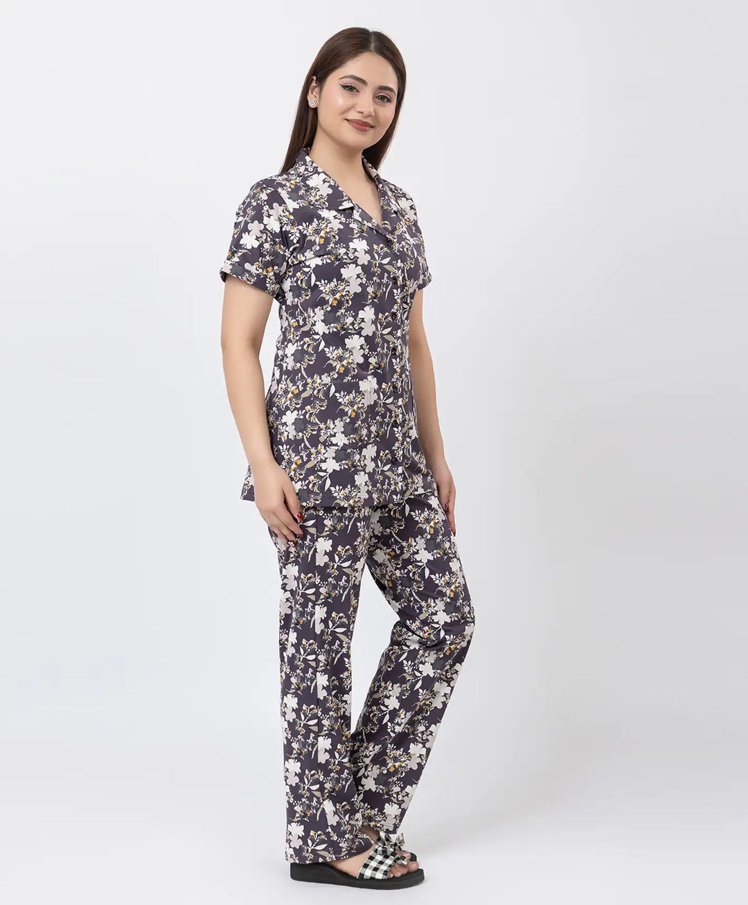 Floral Charm Front Open Night Suit