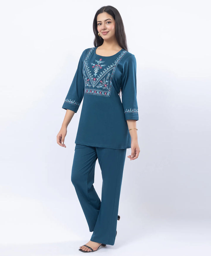 Premium Round Neck Embroidered Straight-Fit Co-Ord Set