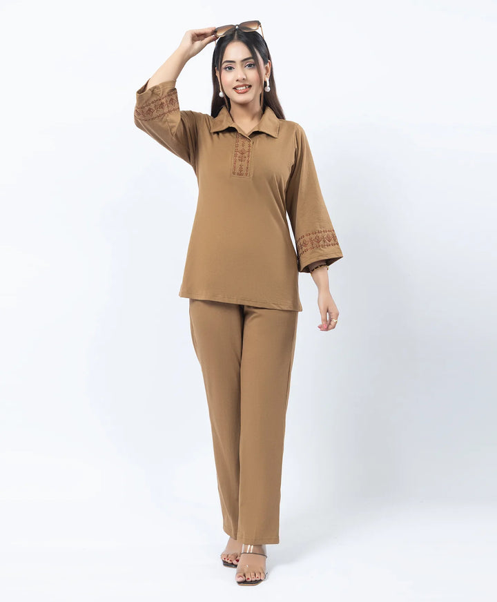 Straight Fit Collared Co-Ord Set with Embroidered Placket & Cuffs