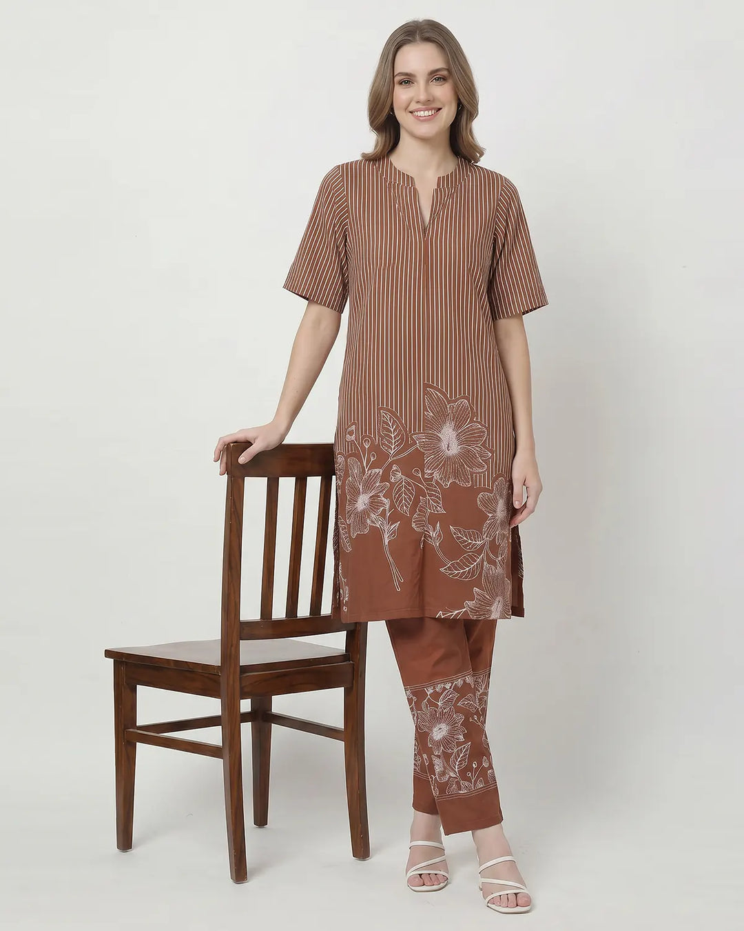 Long Monochrome Bloom Kurta Set