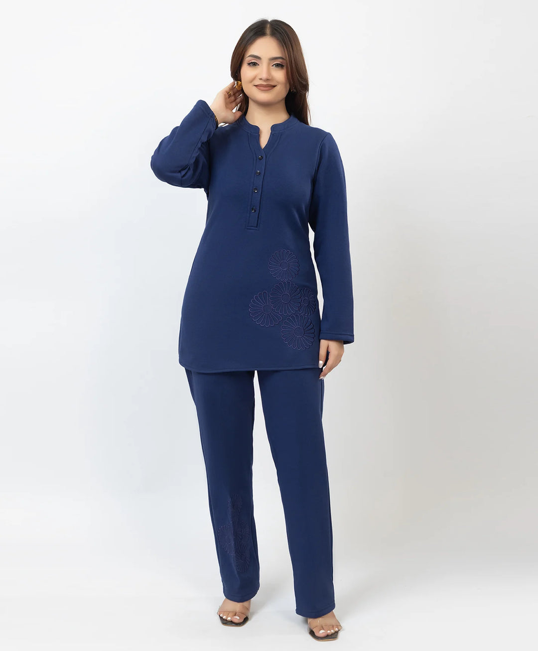 Band Collar Floral Embroidered Kurta and Straight Pants Set