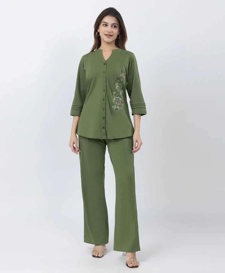 Front-Open Casual Embroidered Co-Ord Set