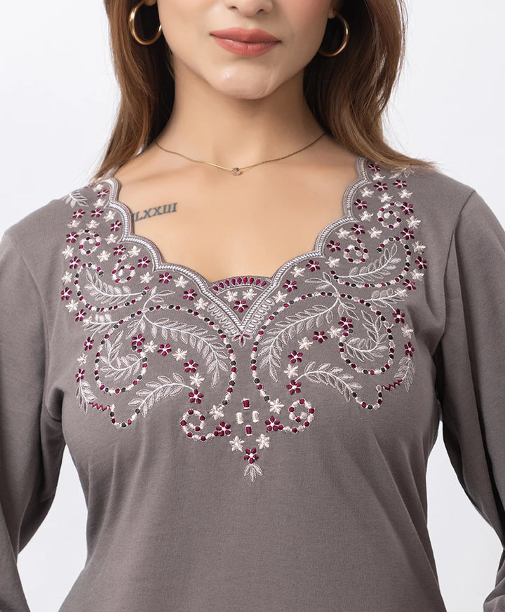 Graceful Long Kurta Set with Embroidered Neckline