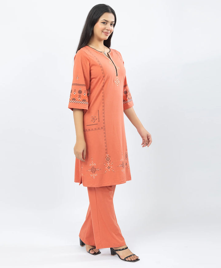 Straight Fit Long Kurta Set with Printed Embroidery Accents