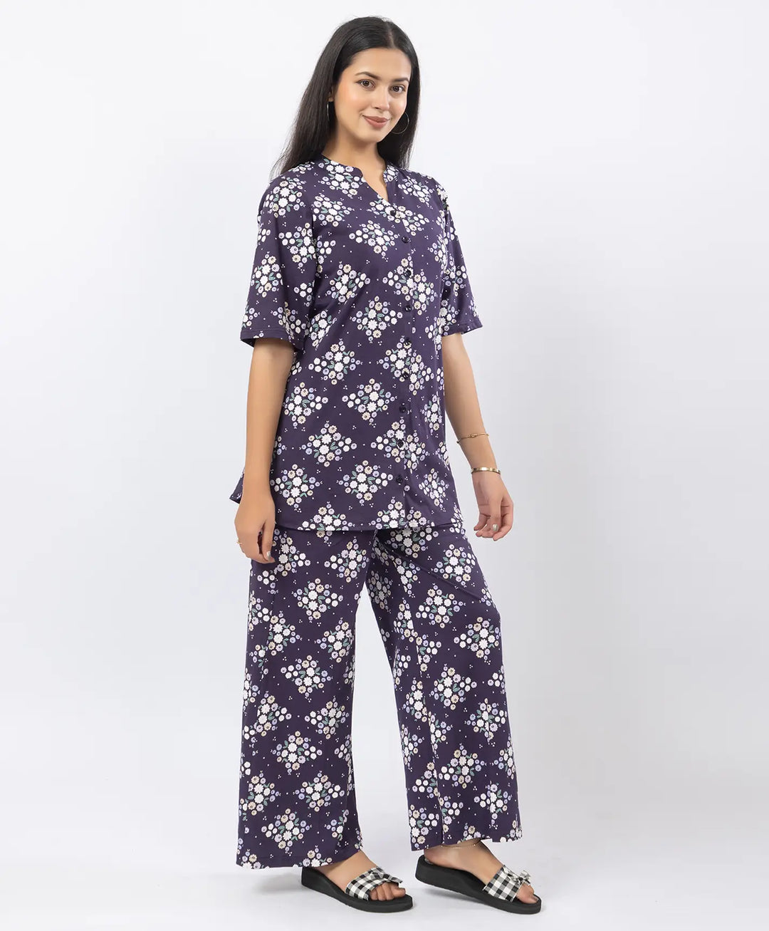 Front-Open Printed Wide-Leg Night Suit