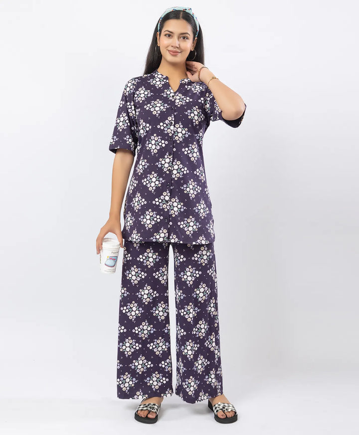 Front-Open Printed Wide-Leg Night Suit