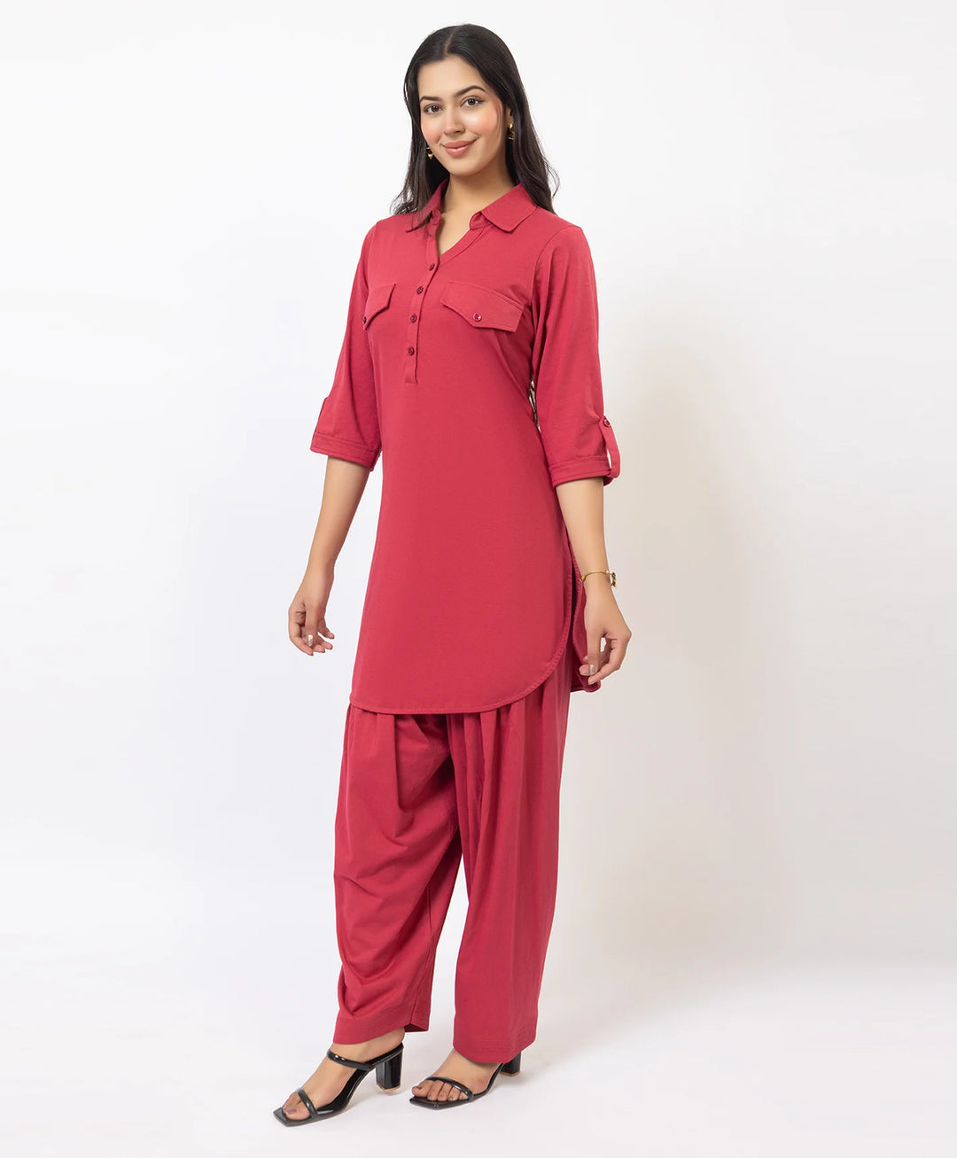 Collared Pathani Kurta with Relaxed Draped Salwar