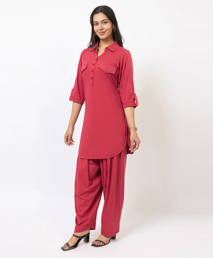 Collared Pathani Kurta with Relaxed Draped Salwar