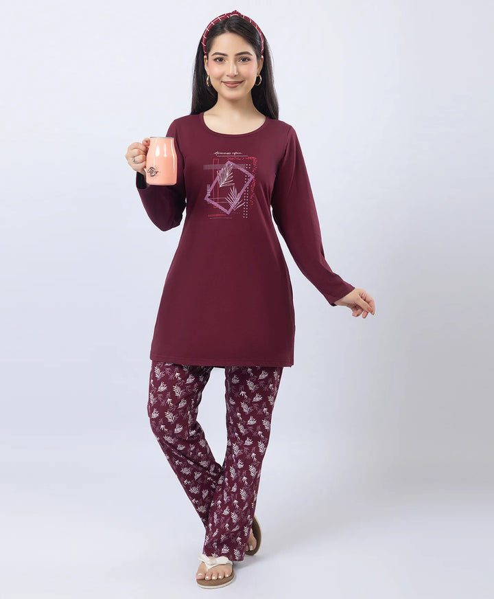 Elegant Printed Round-Neck Night Suit