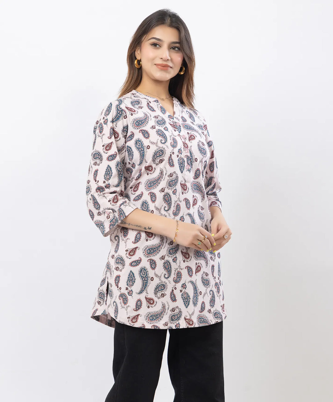 Floral Print Three-Quarter Sleeve Short Kurti
