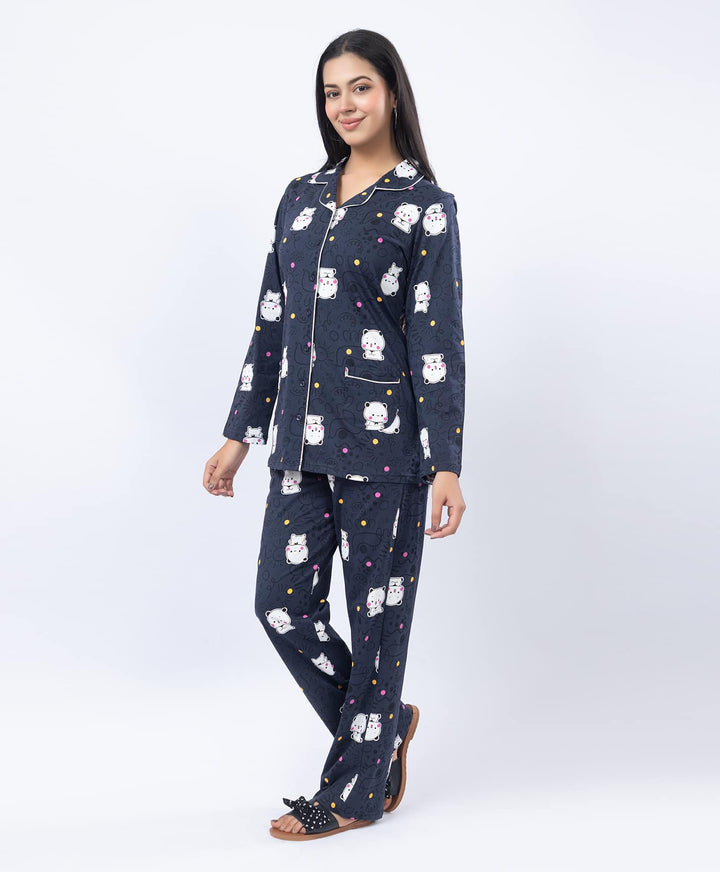 Printed Shirt Collar Front Open Night Suit Set