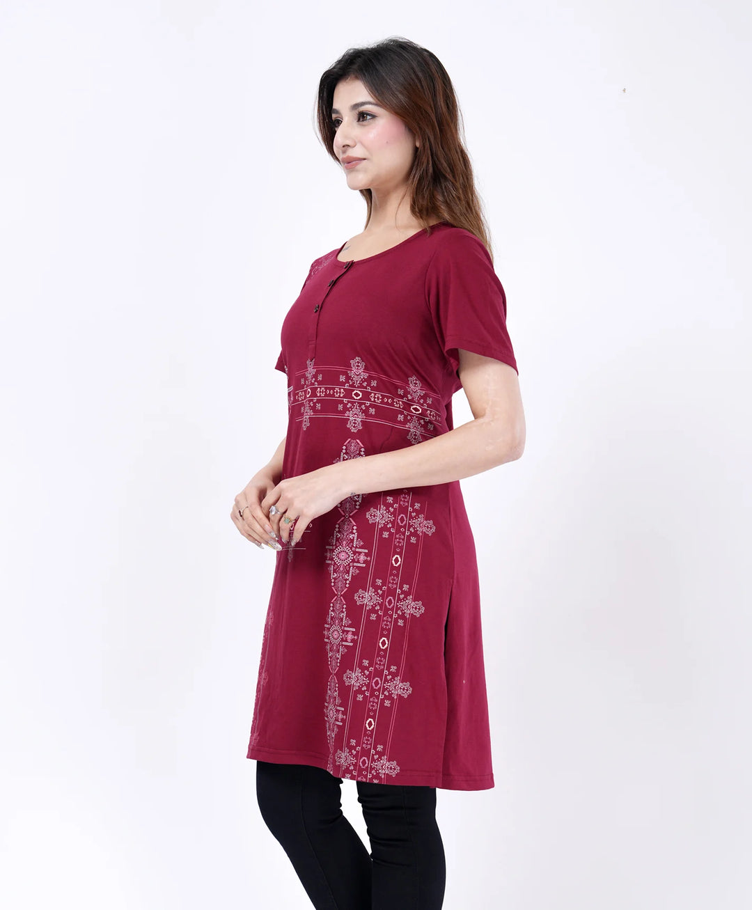 Elegant Printed Button-Neck Straight Long Top