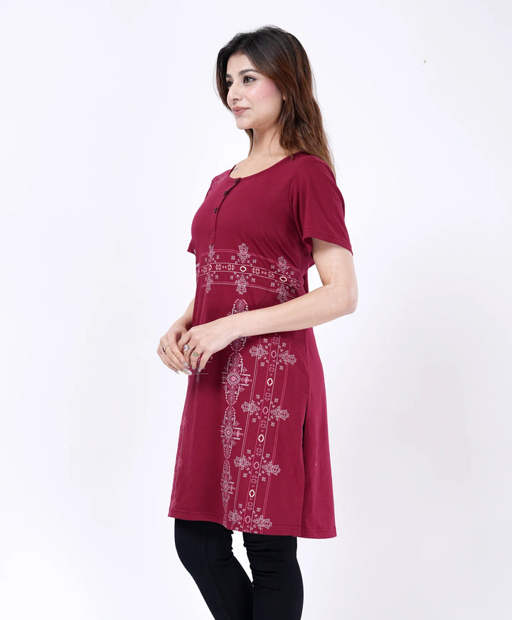 Elegant Printed Button-Neck Straight Long Top