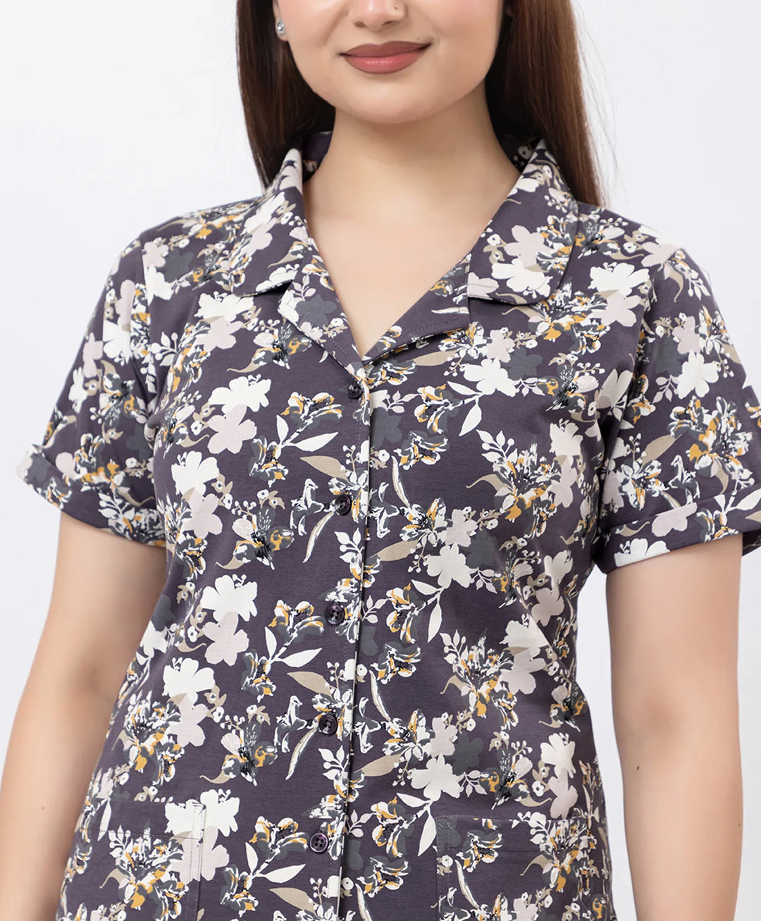 Floral Charm Front Open Night Suit