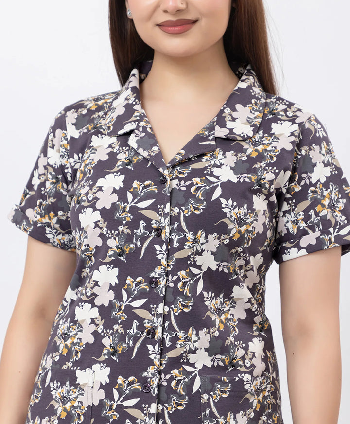 Floral Charm Front Open Night Suit
