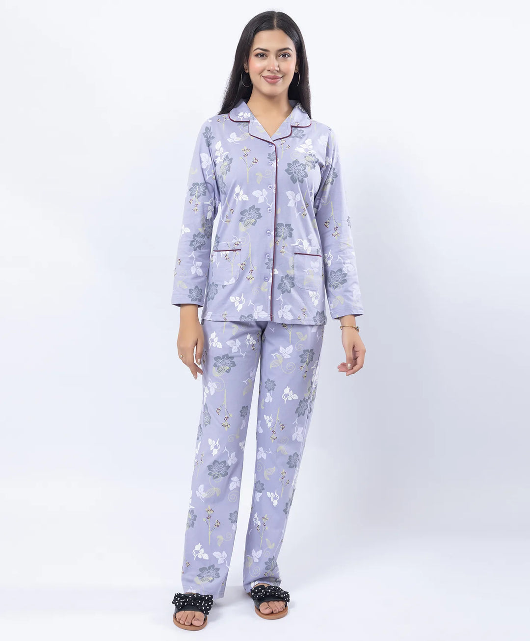 Printed Night Suit with Contrast Piping & Pockets