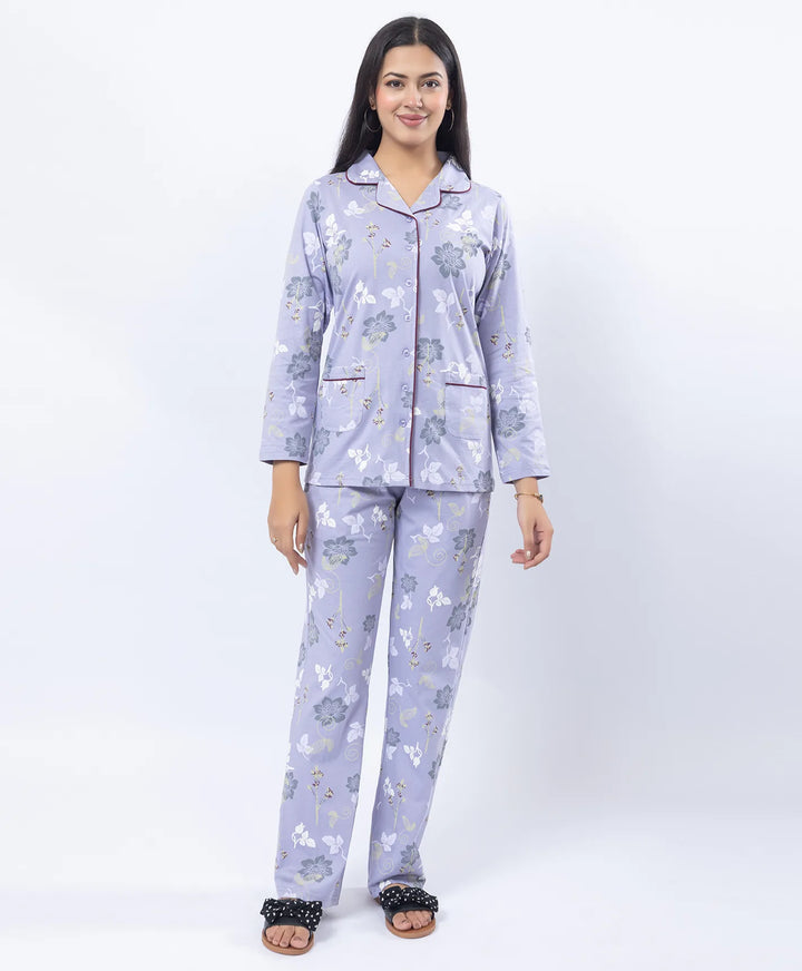 Printed Night Suit with Contrast Piping & Pockets