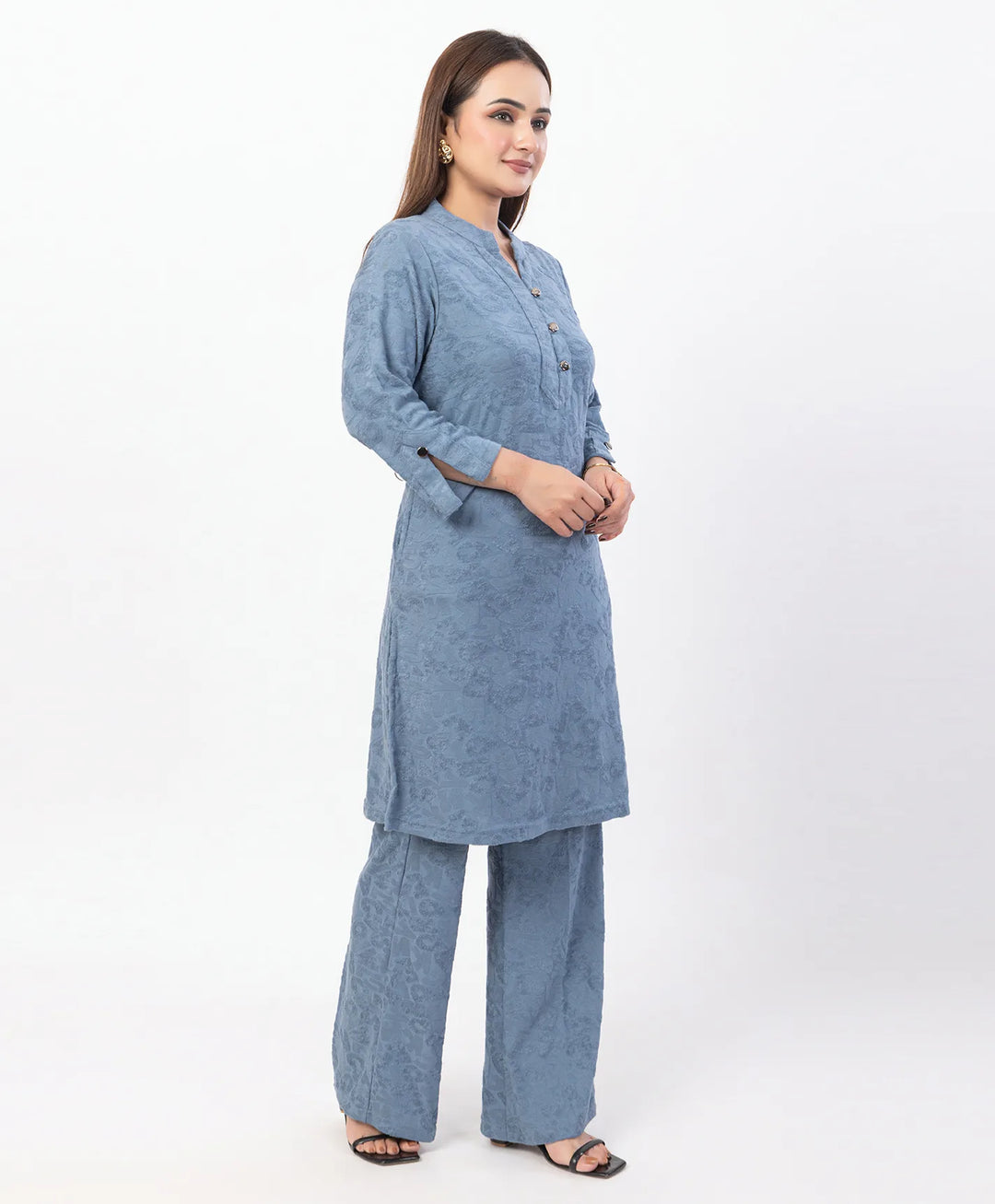 Straight Fit Kurta Set with Buttoned V-Placket & Notched Cuff Sleeves