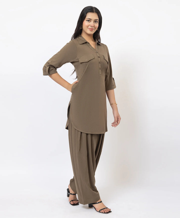Collared Pathani Kurta with Relaxed Draped Salwar
