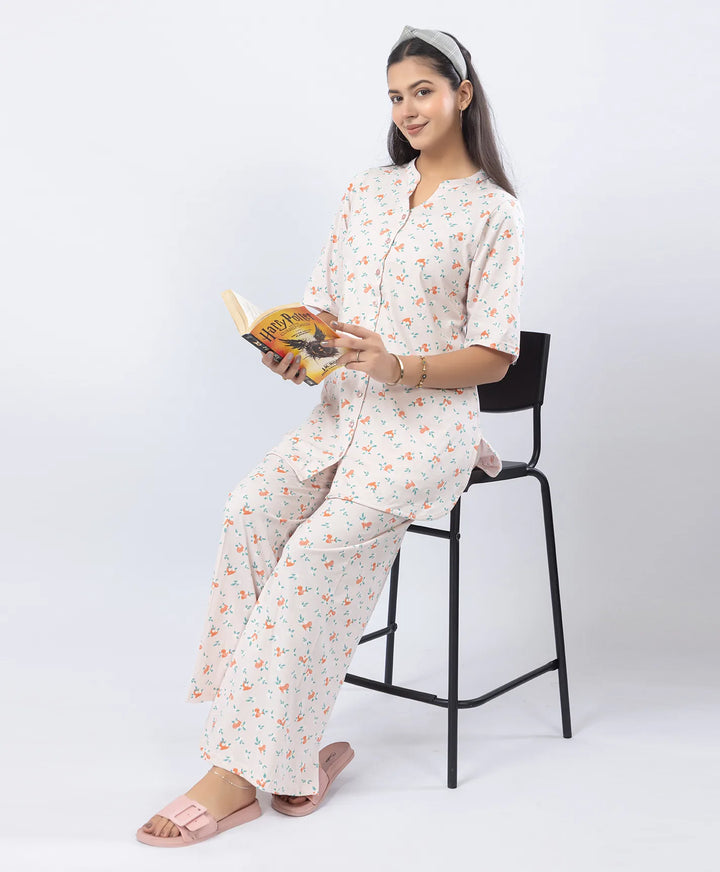 Front-Open Printed Wide-Leg Night Suit