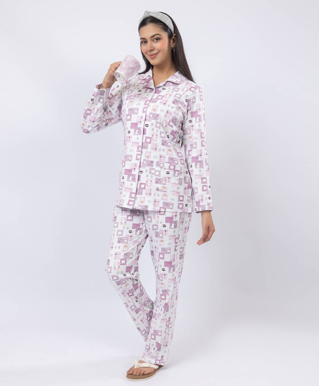 Printed Shirt Collar Front Open Night Suit Set