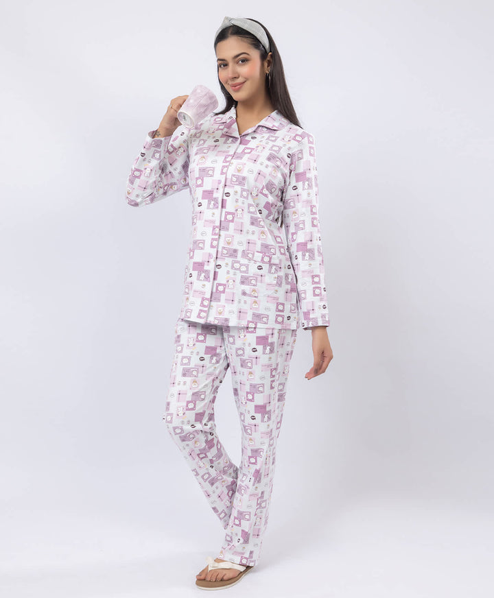 Printed Shirt Collar Front Open Night Suit Set