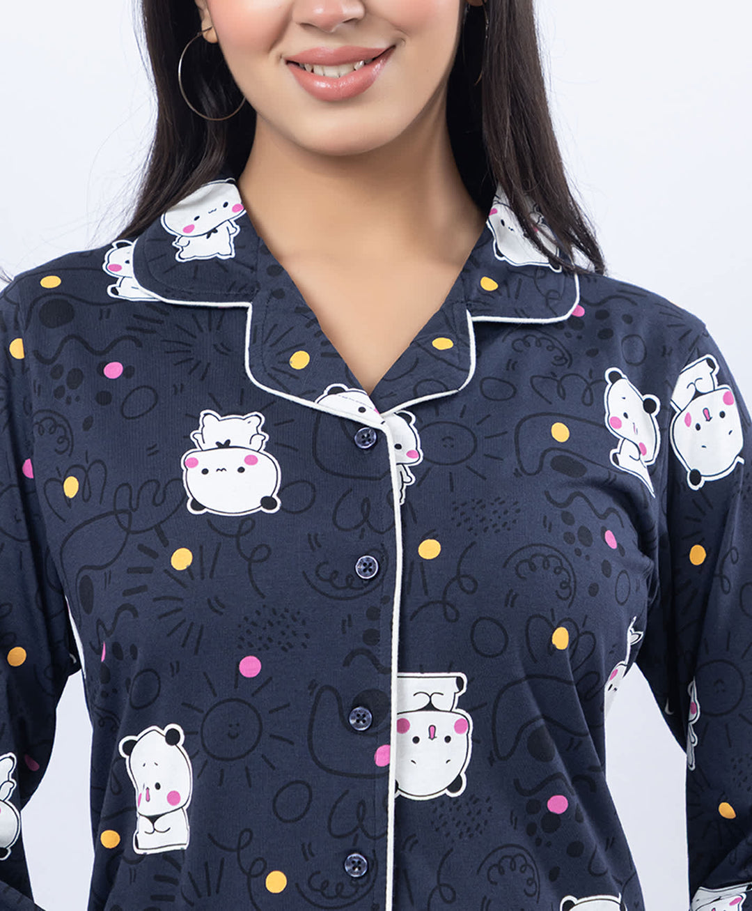 Printed Shirt Collar Front Open Night Suit Set