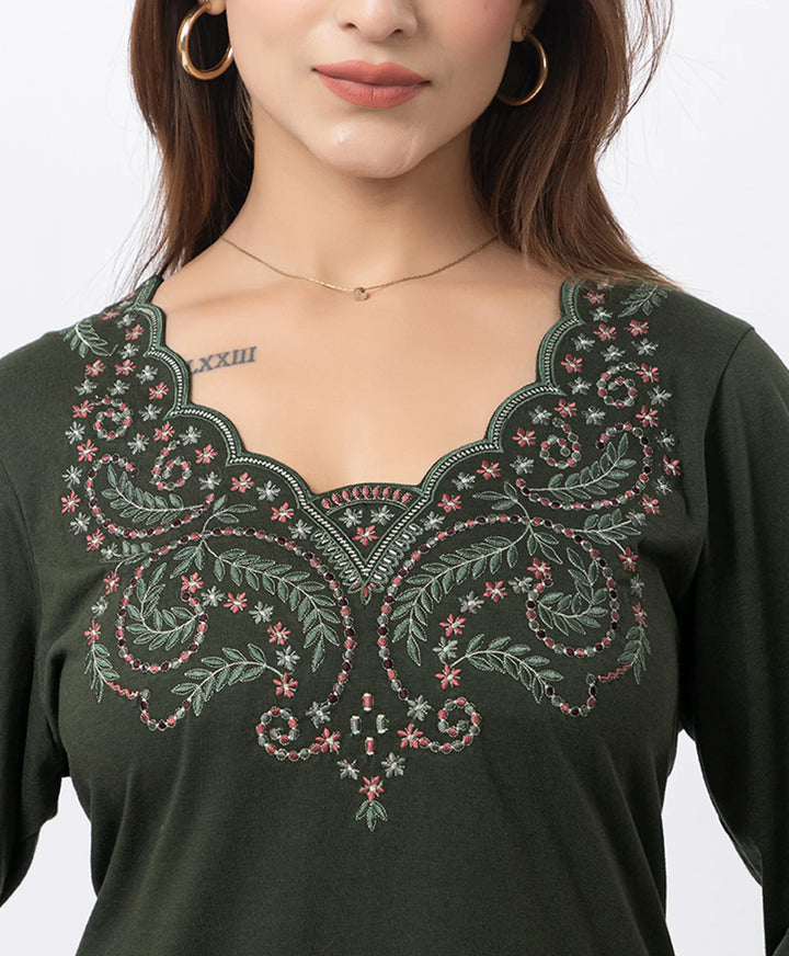 Graceful Long Kurta Set with Embroidered Neckline