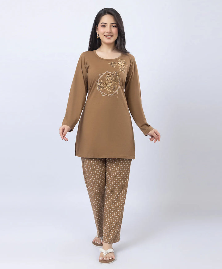 Elegant Printed Round-Neck Night Suit
