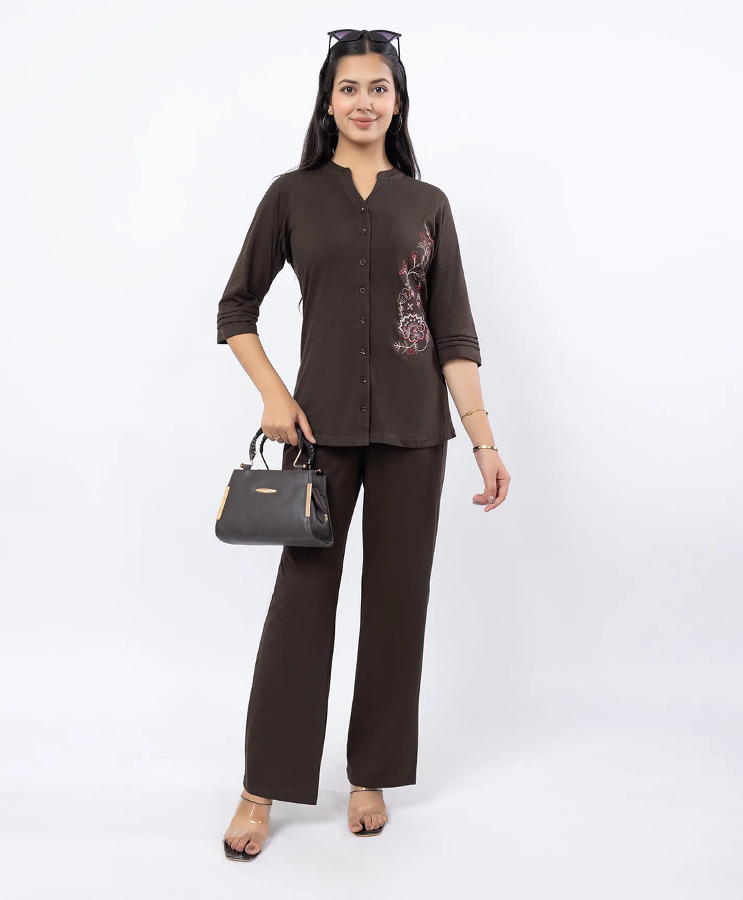 Front-Open Casual Embroidered Co-Ord Set