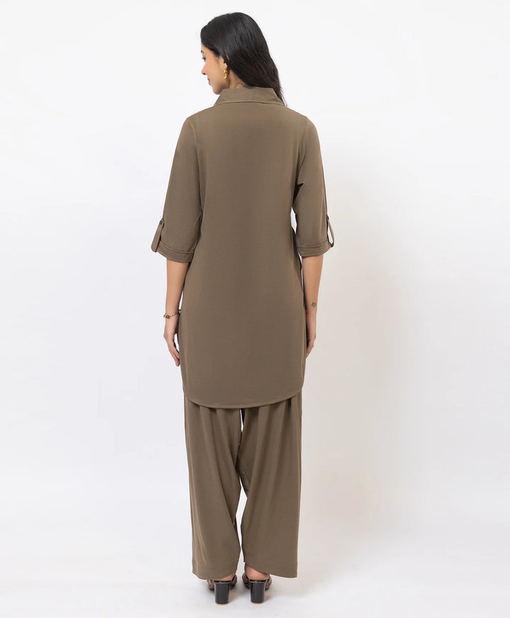 Collared Pathani Kurta with Relaxed Draped Salwar