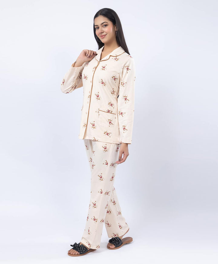 Printed Shirt Collar Front Open Night Suit Set