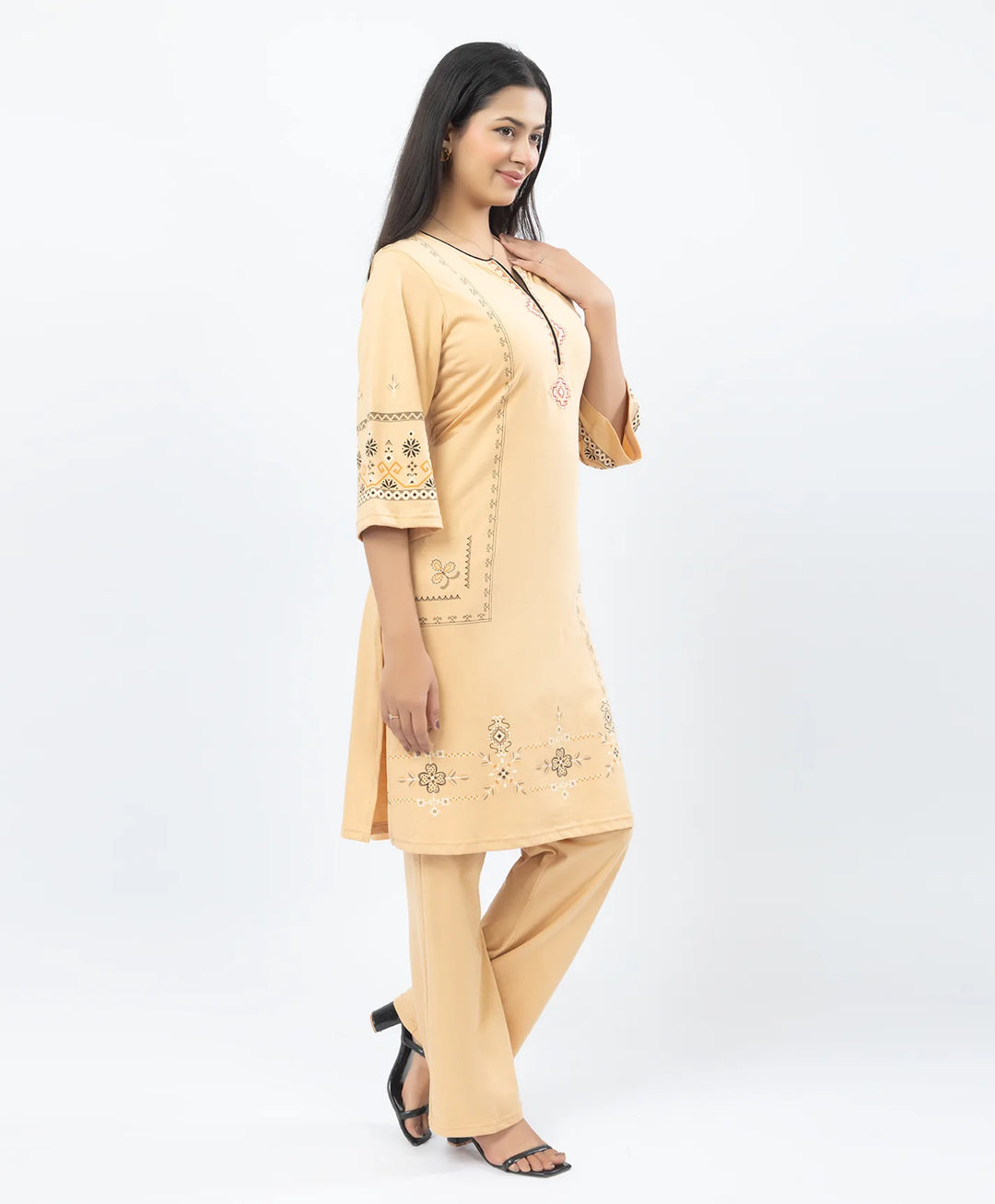 Straight Fit Long Kurta Set with Printed Embroidery Accents