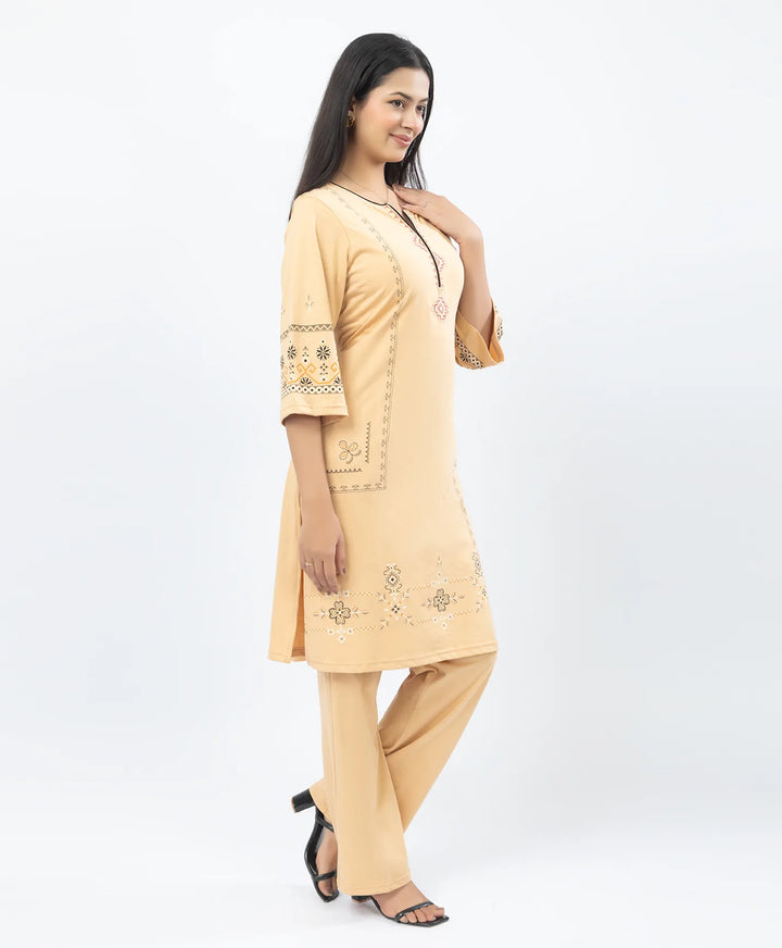 Straight Fit Long Kurta Set with Printed Embroidery Accents