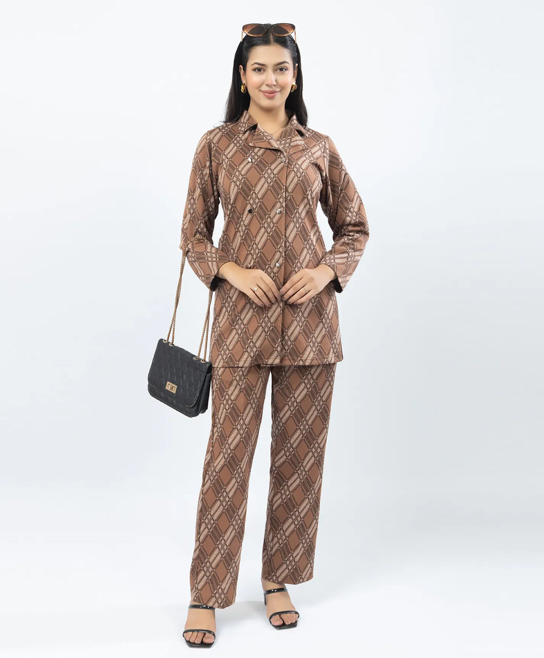 Checkered Co-Ord Set with Double-Button Front Placket & Straight Pants