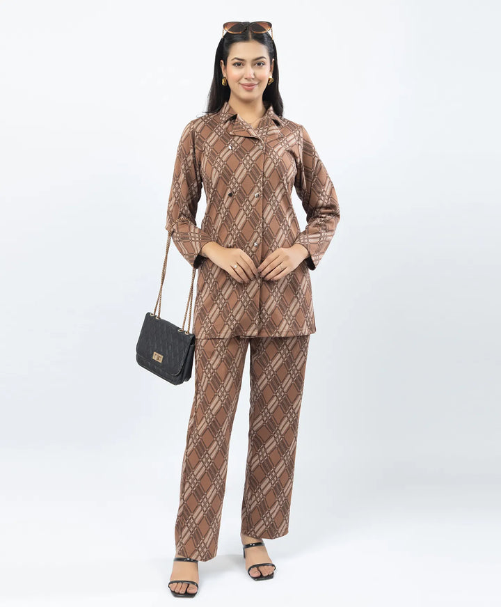Checkered Co-Ord Set with Double-Button Front Placket & Straight Pants