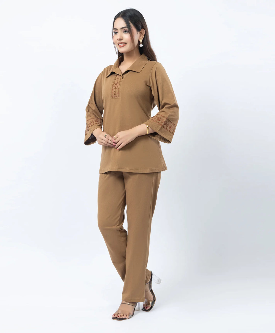 Straight Fit Collared Co-Ord Set with Embroidered Placket & Cuffs
