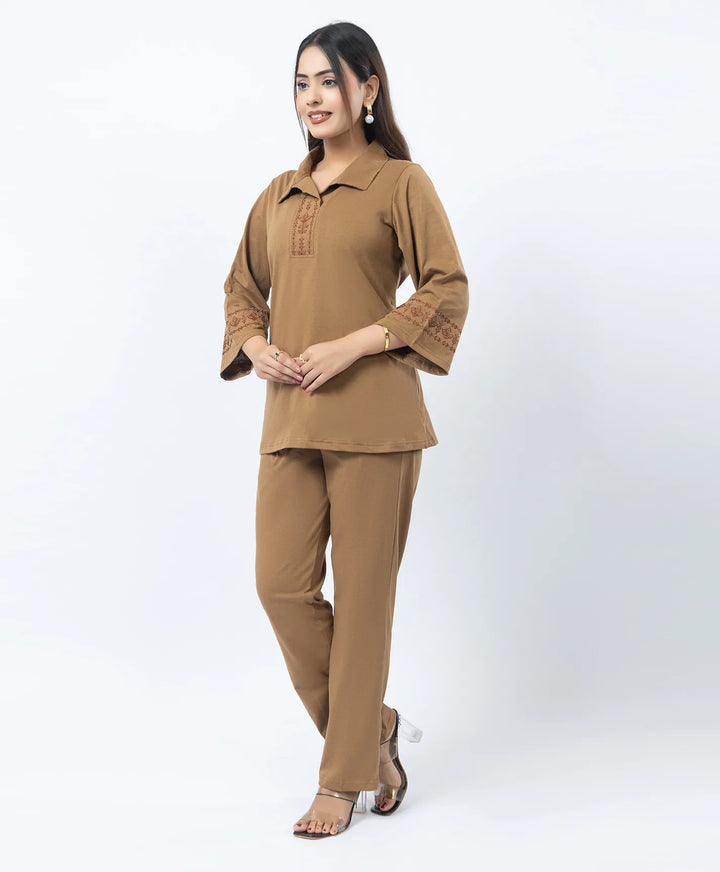 Straight Fit Collared Co-Ord Set with Embroidered Placket & Cuffs