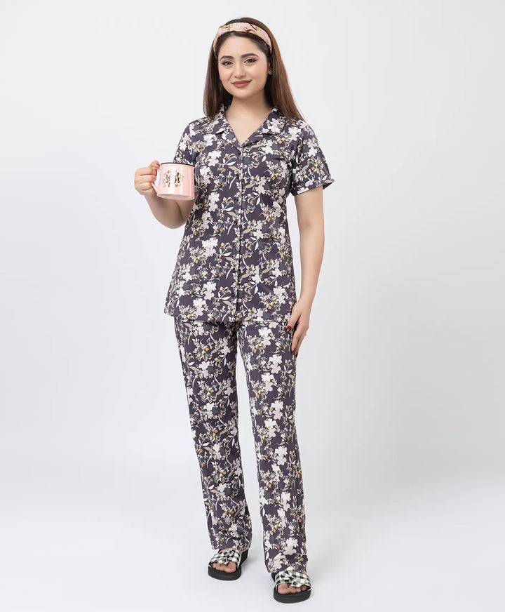 Floral Charm Front Open Night Suit