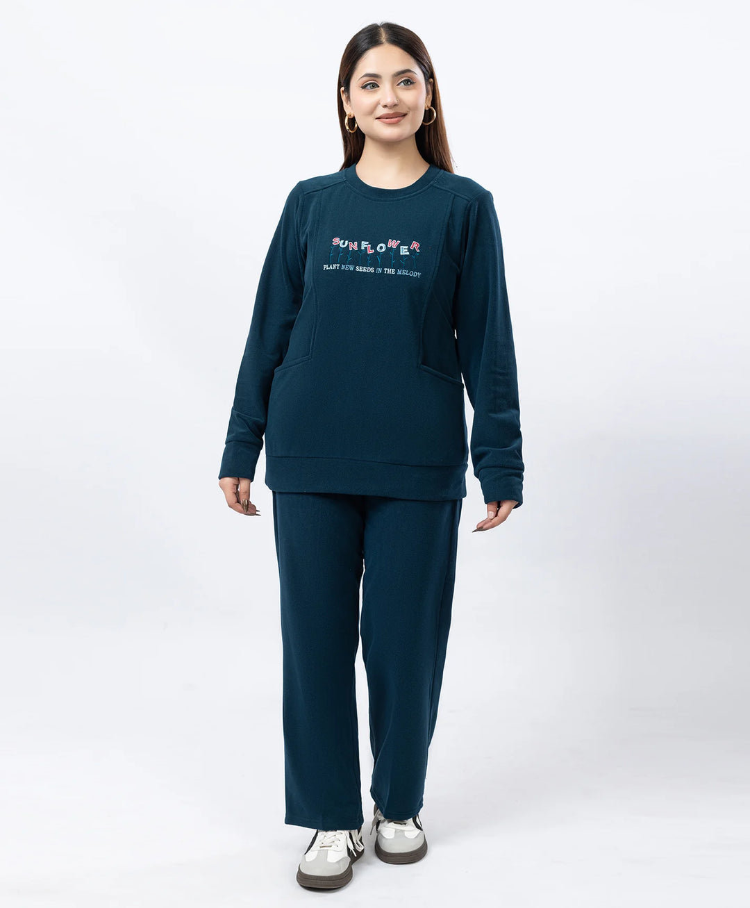 Round Neck Embroidered Tracksuit with Front Pocket