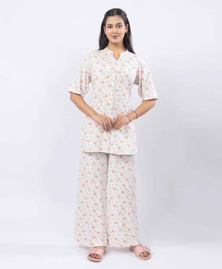 Front-Open Printed Wide-Leg Night Suit